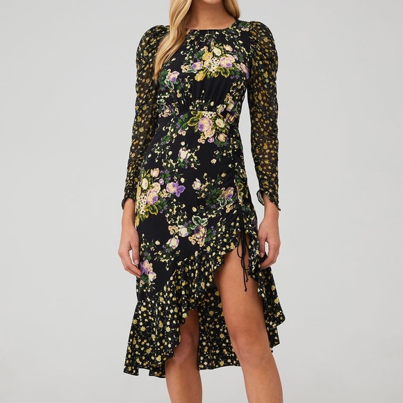 For Love And Lemons Dresses & Skirts - For Love and Lemons black yellow floral Ross asymmetrical hem dress sz XS
